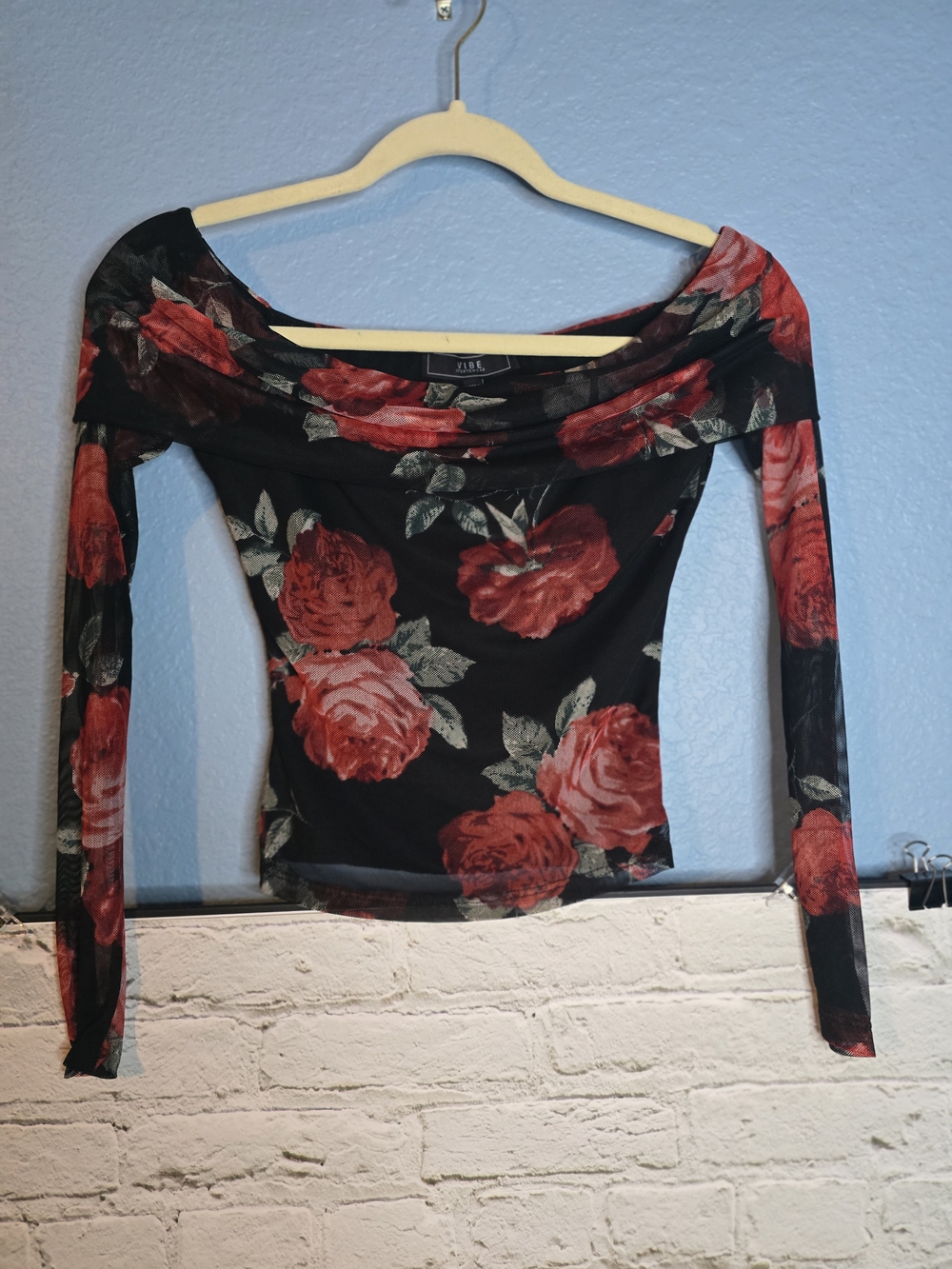 Vibe Black Long Sleeve Off-Shoulder Top with Red Rose Print